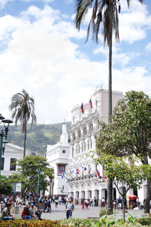 QUITO, ECUADOR - 1-13-2015: People gathered in Independence Square  (Plaza de la Independencia ) in central historic Quito Ecuadorのeditorial素材