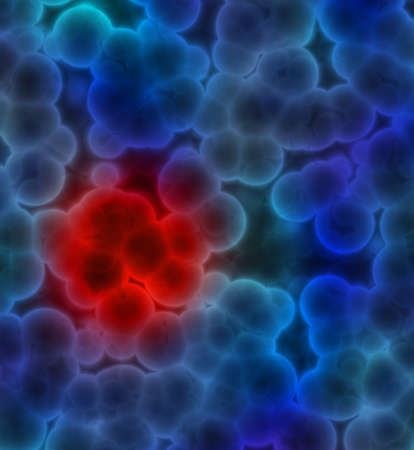 Illustration of blue cells with red cluster indicating a cancer tumor, disease or infectionの写真素材
