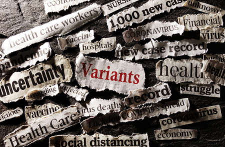Coronavirus and economy related news headlines with Variants text in redの写真素材