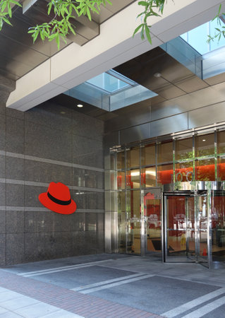 RALEIGH,NC USA - 8-17-2019:The Red Hat headquarters entrance in downtown Raleigh, NCのeditorial素材