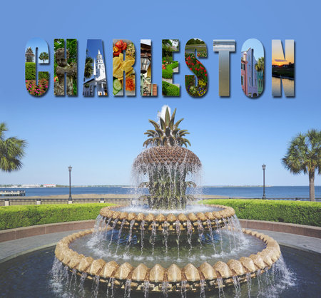 Charleston text collage with images from around the historic city, above The Pineapple Fountain in scenic Waterfront Parkの写真素材