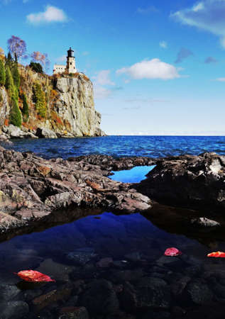 Split Rock Lighthouse on the Minnesota north shore of Lake Superior (foreground is sharp)の写真素材