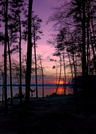 A waterfront campsite of Jordan Lake State Park at sunset -- near Raleigh North Carolinaの写真素材