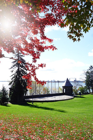 Fall foliage in Leif Erikson Park, along Lake Superior in Duluth Minnesotaの写真素材