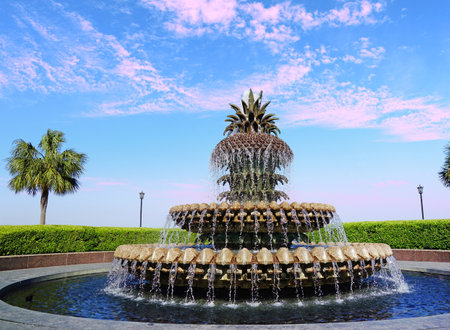 The Pineapple Fountain in scenic Waterfront Park, Charleston South Carolinaの写真素材
