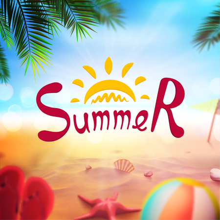 Illustration realistic beach. Summer and sun, sea. Set, ball, starfish, shell, palm tree, beach slippers. Art for banners, flyers, billboard, placard, presentation, report and posterのイラスト素材
