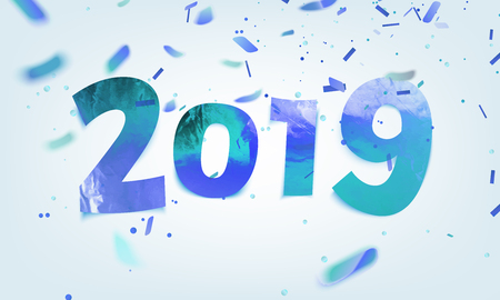 Stock illustration Ice numbers 2019. Blue realistic confetti, Happy New Year. Templates for...