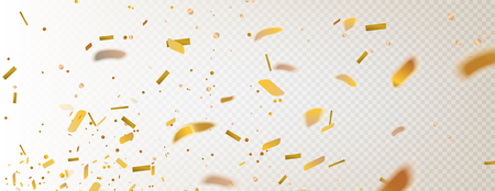 Stock vector illustration realistic defocused golden confetti, glitters Isolated on a transparent checkered background. Festive background. Holiday decorative tinsel element for design.の写真素材