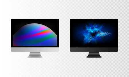 Stock vector illustration realistic set personal professional desktop computer, PC. Modern flat screen monitor. Computer display isolated on a transparent background. Wallpapers on the screenの写真素材