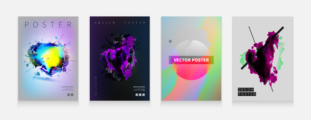 Stock vector illustration set cover templates with abstract liquid bubbles shapes, 80s memphis geometric style flat and 3d design elements. Retro art for banners, flyers, placards and postersのイラスト素材