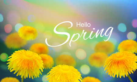 Stock vector illustration Hello, Hi Spring. Realistic dandelion, taraxacum, blurred defocused background. Macro flowers. Green bokeh. Templates for placards, banners, flyers, presentations, reportsのイラスト素材