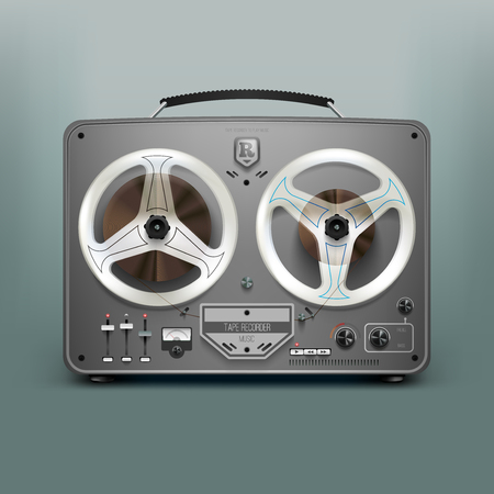 Illustration realistic tape recorder. Vintage. Isolated on gray backgroundのイラスト素材