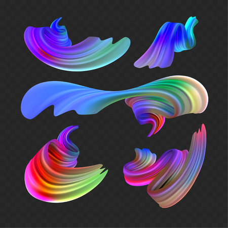 Stock vector illustration multicolored realistic oil, acrylic paint. Acid colors. Brush strokes set isolated on dark transparent checkered background. Template for placard, banner, flyer EPS10のイラスト素材