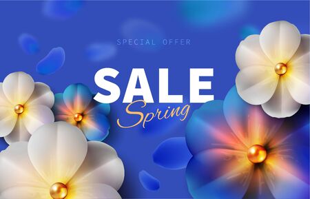 Hello blue spring sale background stock vector illustration. Realistic flower, blurred defocused backdrop. Macro flowers. Green bokeh. Templates for placards, banners, flyers, presentations reportsの写真素材