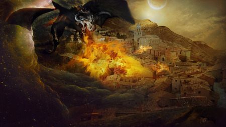 In the illustration, a terrible demon dragon spewing flames, attacked the town in the mountains at sunset.の写真素材