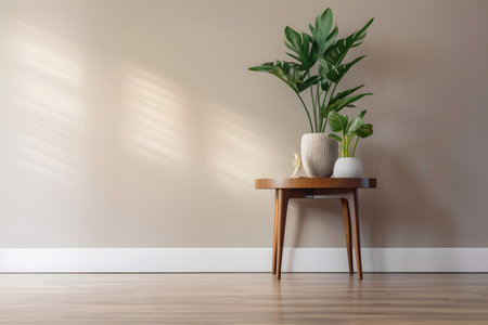 Interior of a living room with a wooden table and a plant, soft afternoon shadows on the wall.の素材