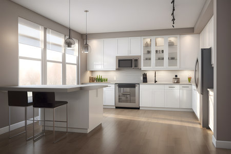 3d Illustration of white modern kitchen in a house with a beautiful designの素材