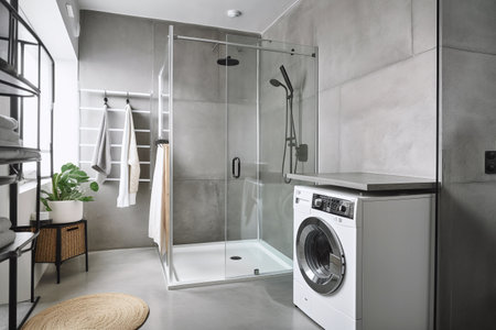 Luxury bathroom interior with glass shower, and modern washing machineの素材