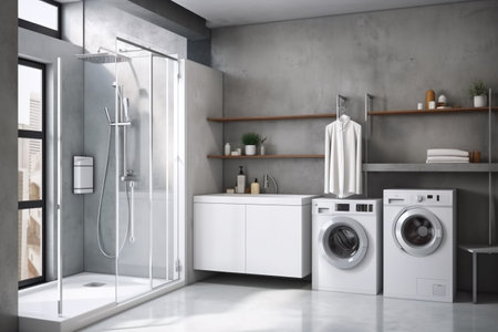 Modern bathroom interior with washing machine and mirror. 3D Renderingの素材