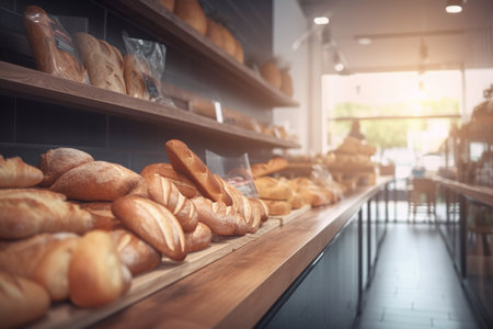 Bread in bakery shop. Bakery and food industry concept.の素材