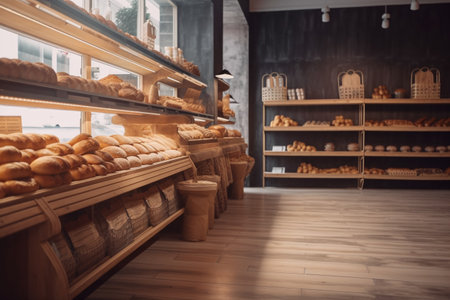 Bakery shop interior with fresh bread on shelves. Bakery conceptの素材