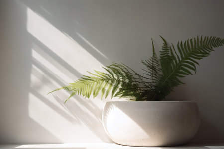 green fern in a pot on a white wall with shadow from the sunの素材