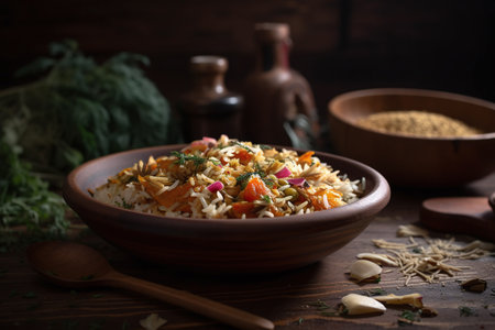 vegetarian food on rice in a bowl on a wooden table with cooking supplies in the backgroundの素材