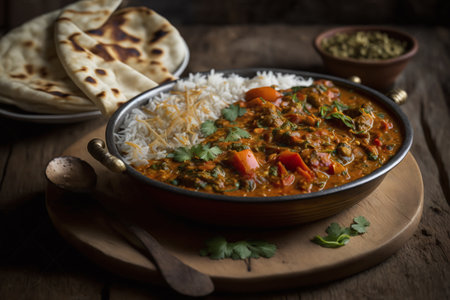 Chicken tikka masala curry with basmati rice and naan breadの素材