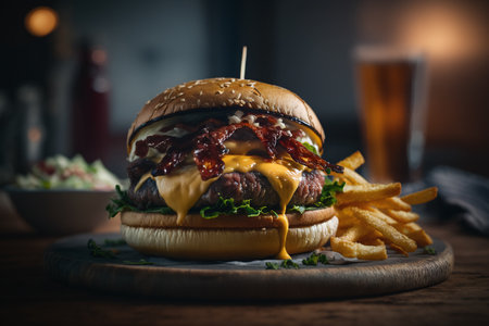 Cheese burger - American cheese burger with Golden French fries and fresh saladの素材