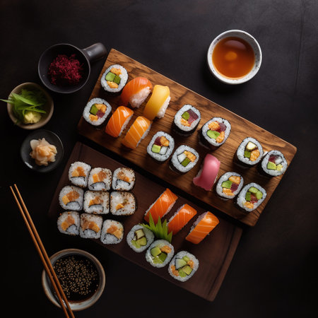 Sushi set on wooden board over black background. Top view.の素材