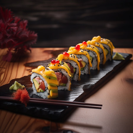 Sushi roll with salmon, avocado and mango on a wooden tableの素材