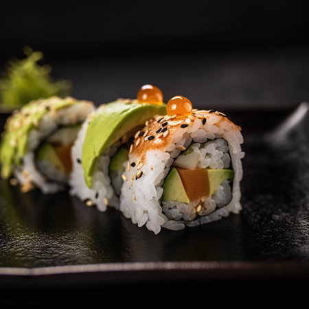 Sushi roll with salmon, avocado and cucumber on black backgroundの素材