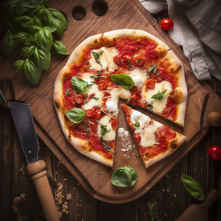 Margherita pizza with mozzarella, tomatoes and basil on wooden boardの素材