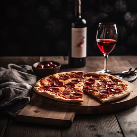 Pepperoni pizza on a wooden board with a glass of red wine and wine bottleの素材