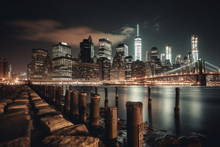 Manhattan skyline at night, New York City, with bridge.の素材