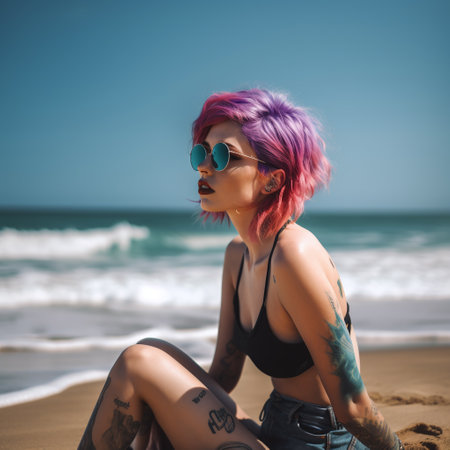 Beautiful young woman with colorful hair and tattoos on her arms at the beachの素材