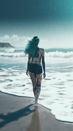 Beautiful young woman with turquoise hair in swimsuit posing on the beachの素材