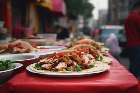 Traditional mexican tacos on the table in a street food marketの素材