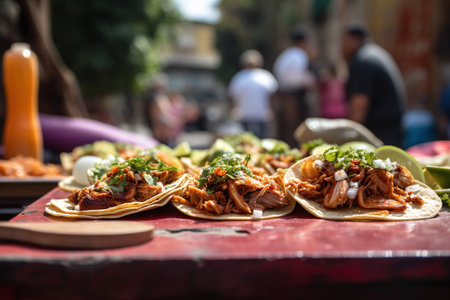 Tacos with meat, onions, and cilantro on the table in the street in Mexicoの素材