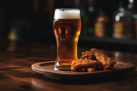 A glass of beer and fried chicken wings on a wooden table.の素材
