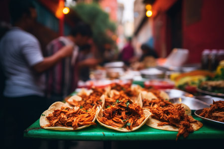 Traditional mexican street food, tacos with meat and vegetables.の素材