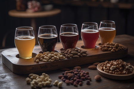 Group of different types of beer and nuts on wooden table in pub. Flight of beersの素材