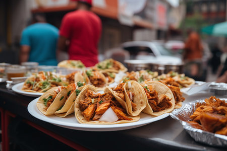 Tacos on a plate in a street food market in Mexicoの素材