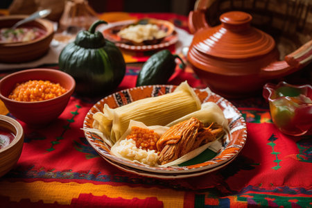 Traditional mexican meal with rice and vegetables in a ceramic plate, tamales, rice and beans, poblano chilesの素材