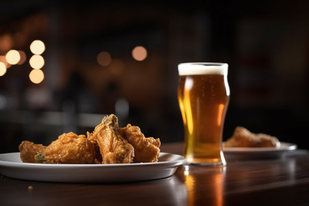 Fried chicken wings and a glass of beer on a table in a pubの素材