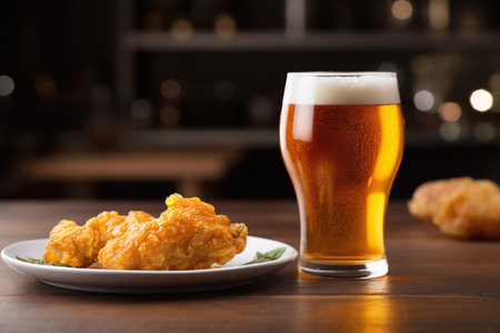 Fried chicken nuggets, boneless chicken wings, and glass of beer on wooden table in pubの素材