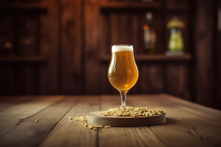 Beer in a glass on a wooden background. Selective focus, barley and hopsの素材