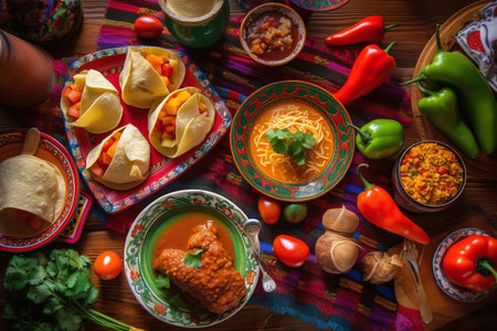 Traditional Mexican food on wooden table, close-up view sopa, chile relleno, and red and green peppersの素材