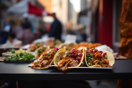 Traditional mexican tacos with meat and vegetables on a street food market in Mexicoの素材