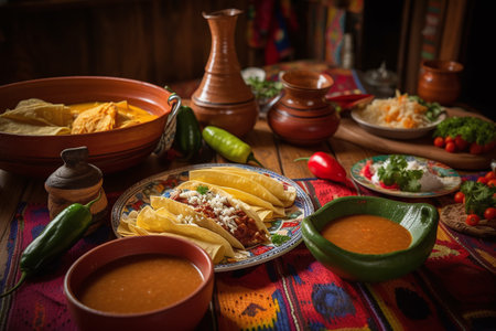 Mexican food on a wooden table. Traditional mexican food, enchiladas, salsas, tacos, peppers, radishes and onionsの素材